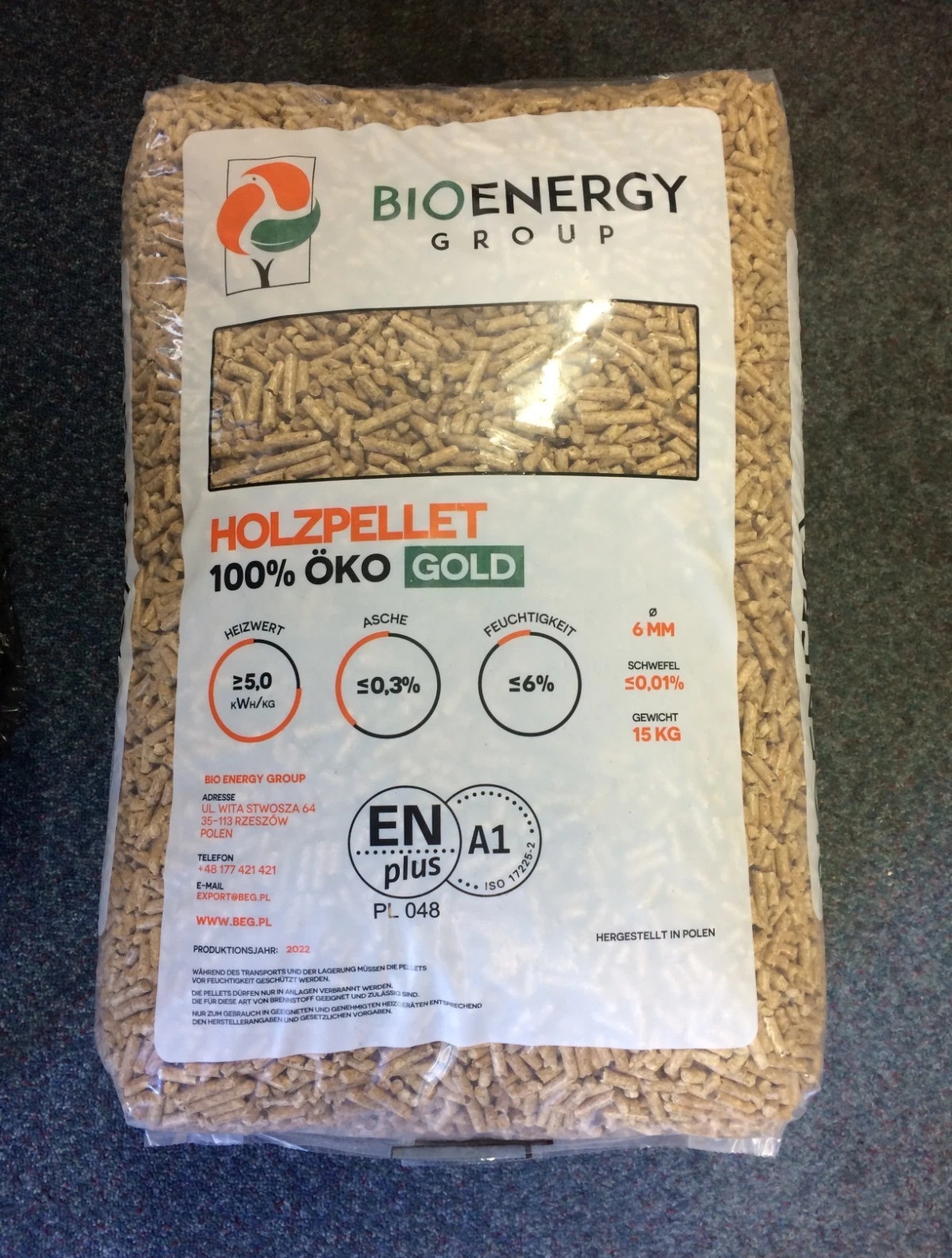 Holzpellets 6 mm ENplus A1 – 975 kg Palette (65×15 kg)